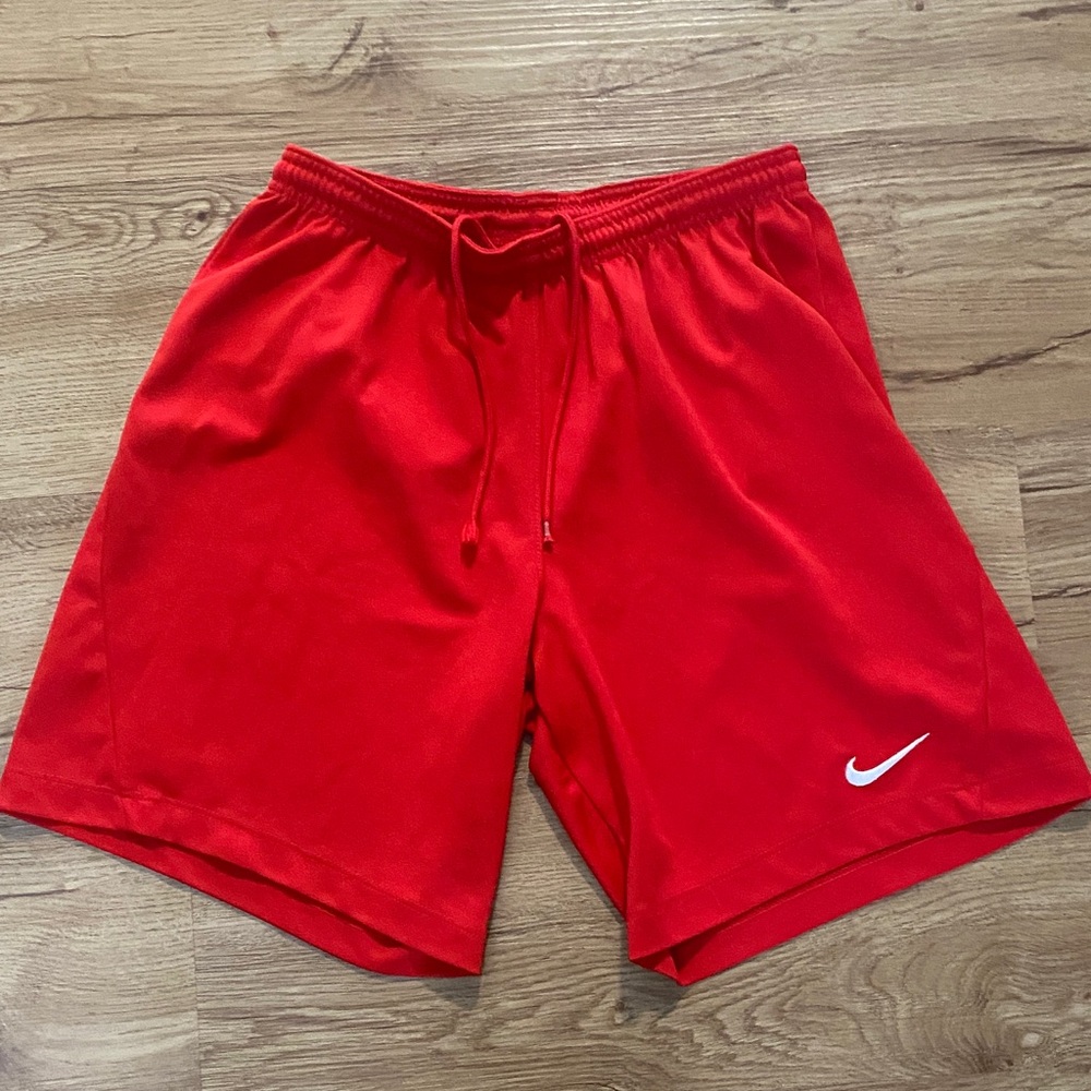 Nike Red Men's Athletic Shorts with White Swoosh Small